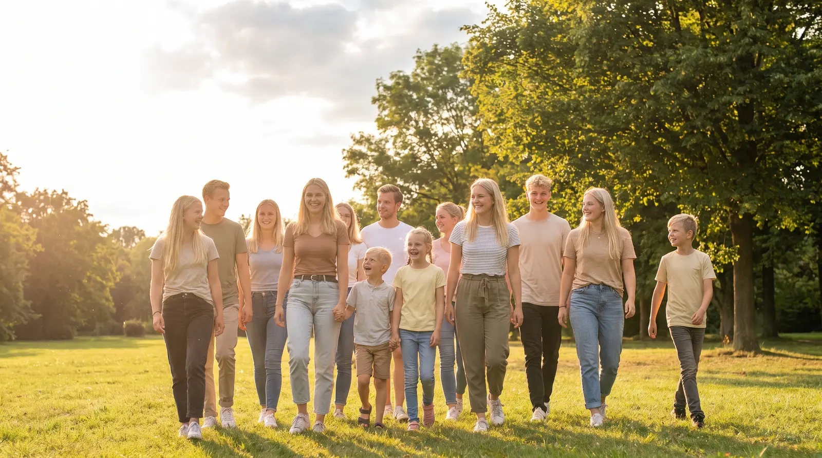 Menschen unterschiedlichen Alters bewegen sich gemeinsam durch einen sonnigen Park im Morgenlicht.